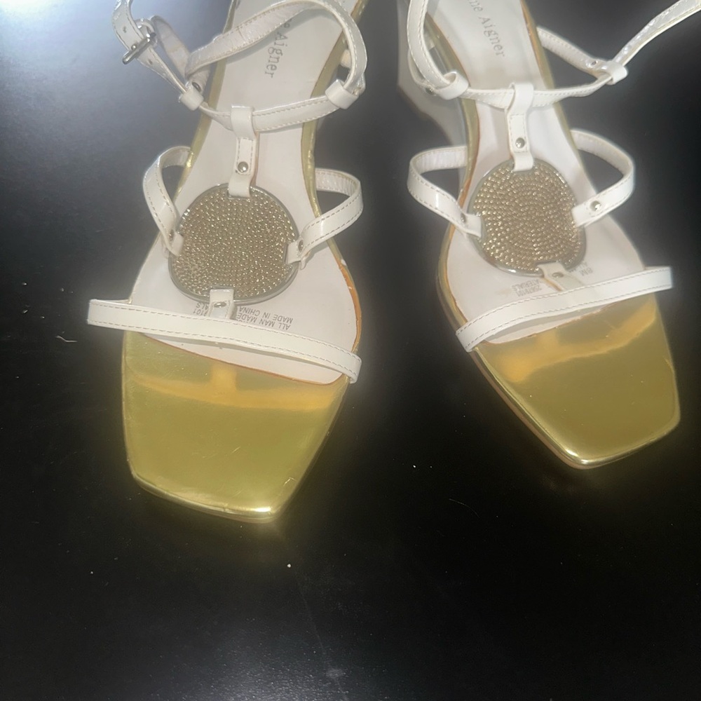 Etienne Aigner Gold and White Strappy Sandals